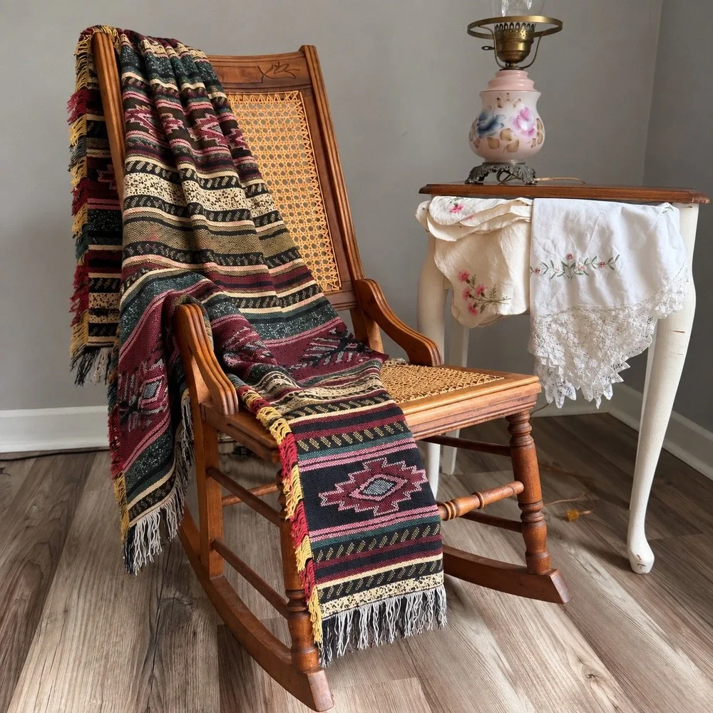 Vintage Southwestern Woven Throw Blanket Geometric Tribal Fringed 47x63